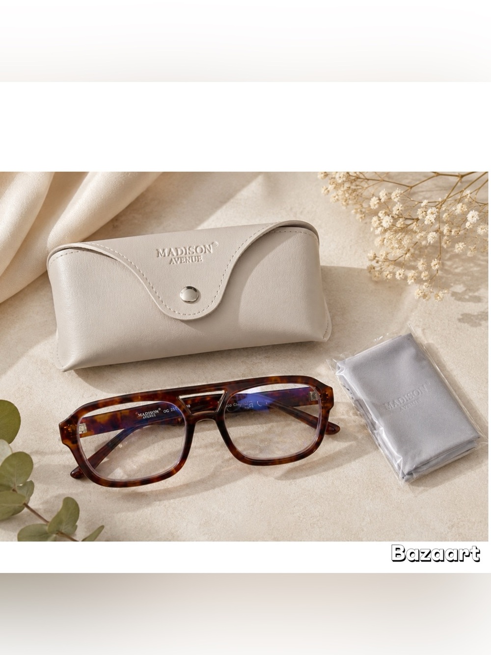 New Madison Avenue Tortoise Shell Square Thick Blue Blocker Glasses Case & Cloth
